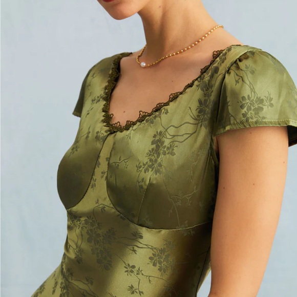 RIHOAS Green Jacquard Floral Satin Midi Dress - Picture 10 of 11